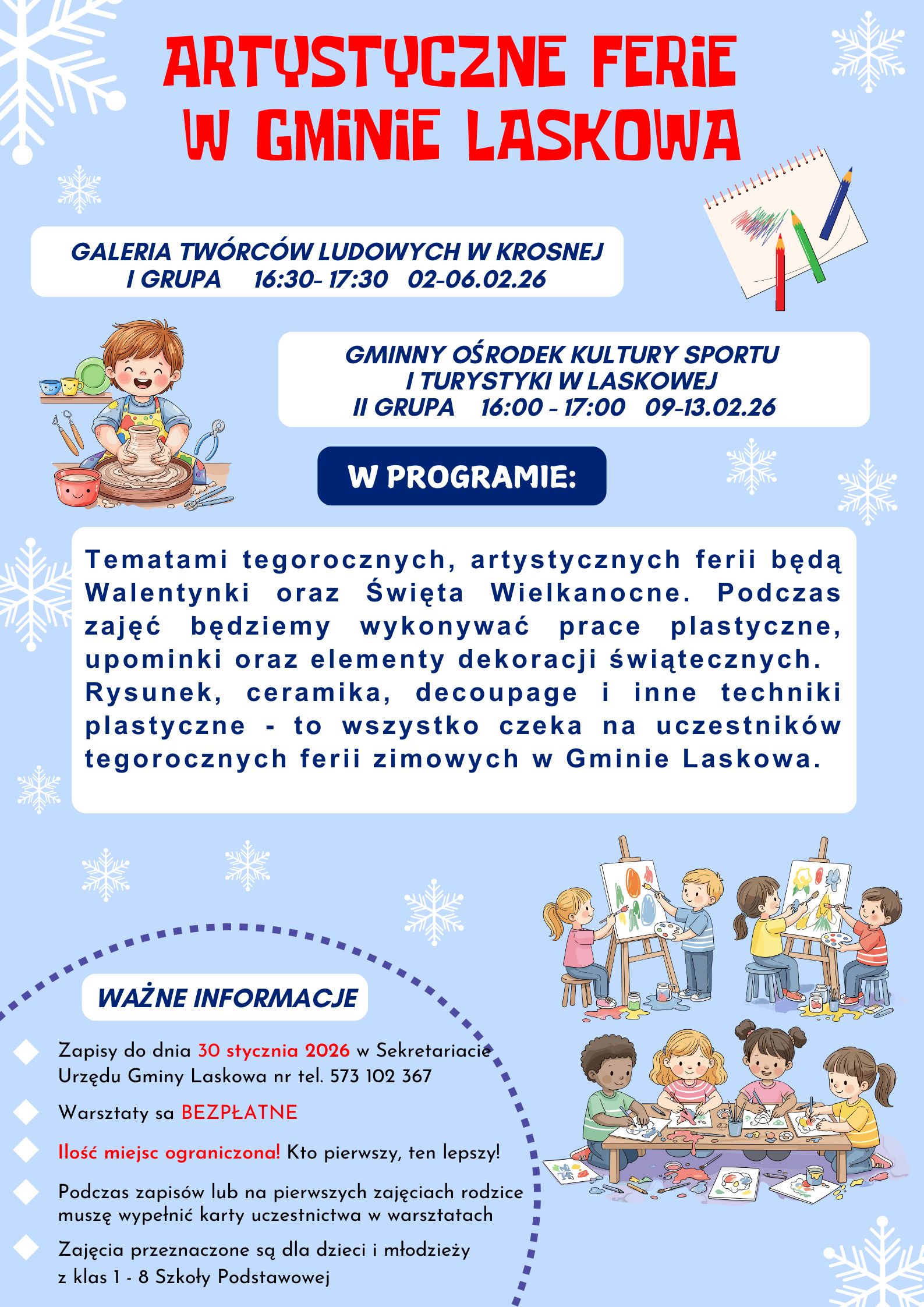 Zapraszamy na artystyczne ferie zimowe w Gminie Laskowa